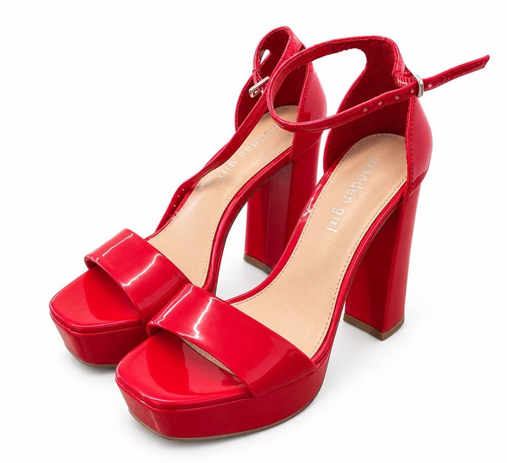 Madden Girl Women’s Red Patent Platform Block Heel Sandals Ankle Strap